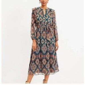 LOFT dress midi Womens Sz Large petite Boho medallion Patterned Belt Green long